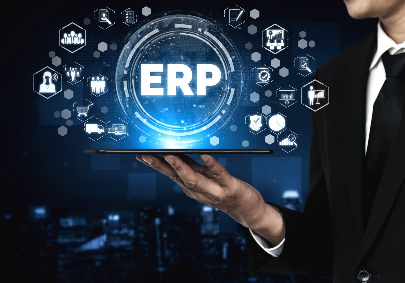 Representation of an enterprise resource management (ERP) software system, facilitating efficient planning and management of business resources