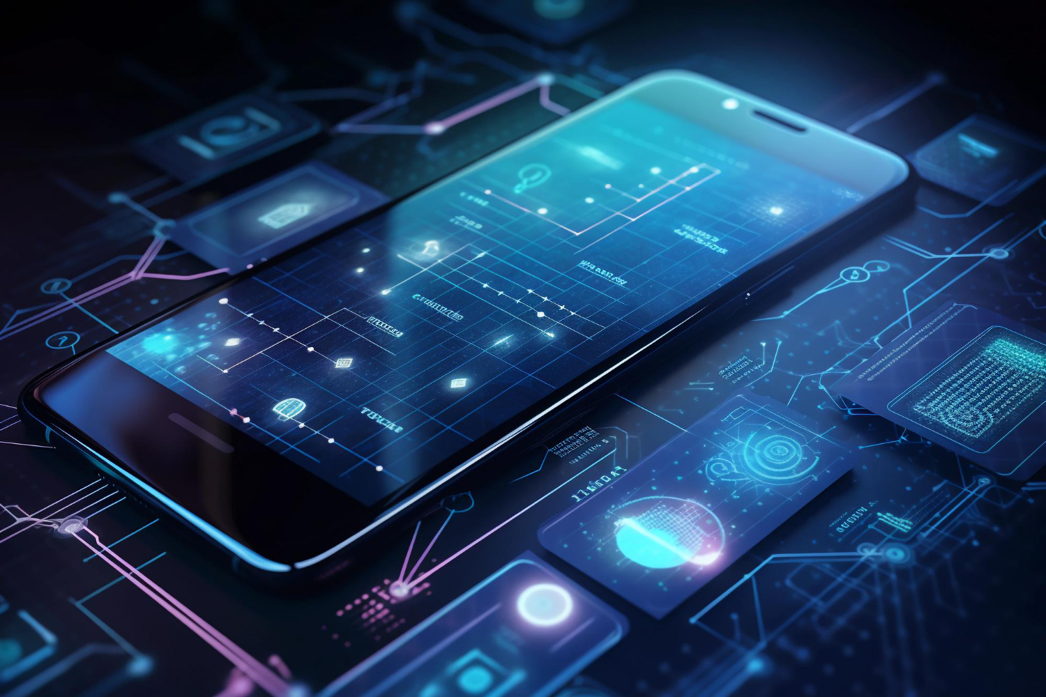 Smartphone on a digital background illustrating key technologies used in securing mobile applications effectively